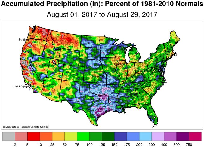 kannbwx's tweet photo. Big yields in 2014-2016 for US #soybeans. Here is the August 2017 rainfall comparison to those yrs. 2015 also had marked dryness. #agwx https://t.co/F6qVthQXrF