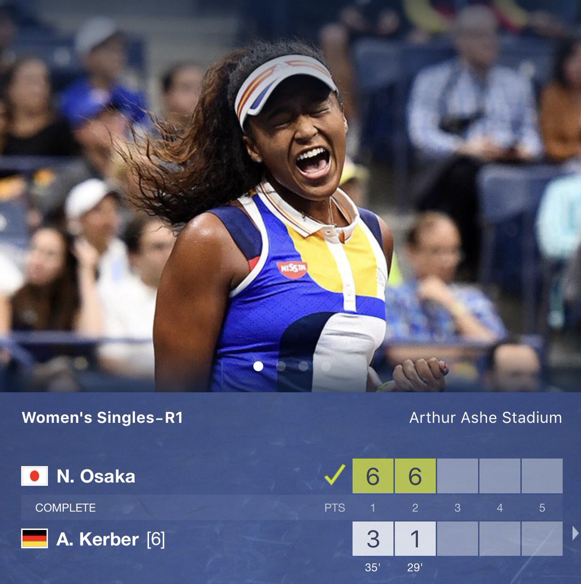 DominAdamowicz's tweet photo. Osaka 🇯🇵 outs defending champion Kerber 🇩🇪 in first round of #UsOpen17 #Usopen2017 https://t.co/672jAHwknq
