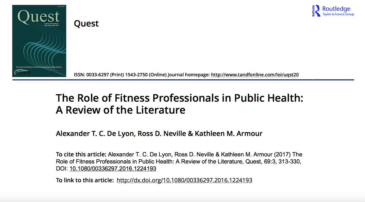 AlexDeLyon2's tweet photo. Great to see our article on 'The Role of #FitnessProfessionals in Public Health' in the new issue of Quest, published by @tandfnewsroom https://t.co/pWENwevNeX