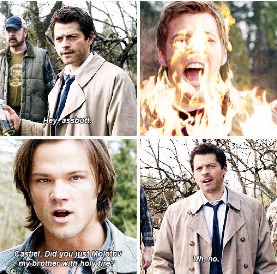 Anna___Harwell's tweet photo. —Hey, ass-butt! 
— Castiel. You just threw my brother a Molotov cocktail of Holy fire?
 — Uh, no.
#Supernatural https://t.co/p71gnB34XO
