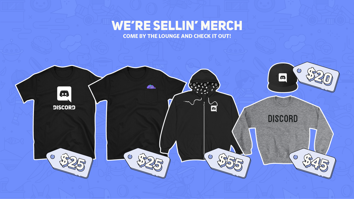 discord's tweet photo. We're selling merch for the first time at #PAXWest2017. Come by our lounge and give us your money in exchange for some Discord cloth. https://t.co/hIf8vp20Zr