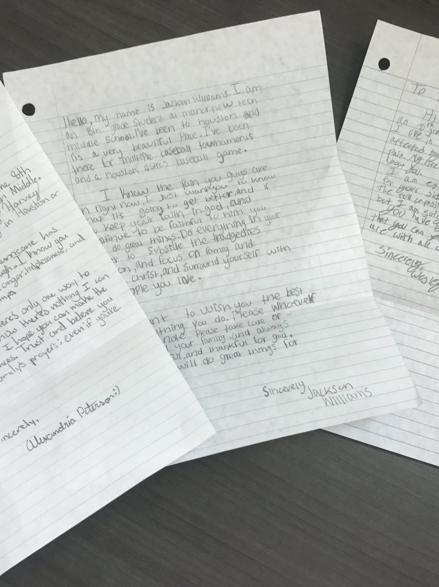 KrysiaStephens's tweet photo. @newtechmiddle Our students are doing what they can and writing letters to those affected by #HurricaneHarvey #GladiatorStrong https://t.co/mtd9XWJgKm
