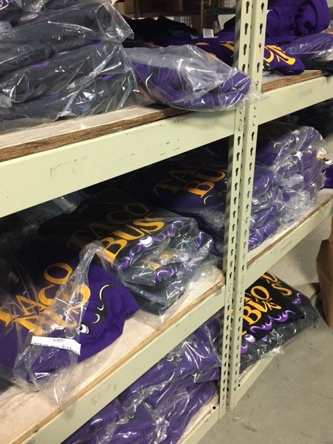 Stocking up on shirts for our go-to lunch place, <a href="/officialtacobus/">Taco Bus</a>. If you haven't tried them yet, they're growing fast, so check them out!