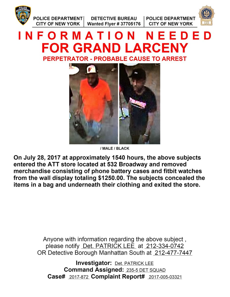 NYPD5Pct's tweet photo. The #NYPD is seeking your help in identifying these 2 males in connection to a grand larceny pattern in #5pct #MTSpct Call 800-577-TIPS https://t.co/Ihev9oSBTV