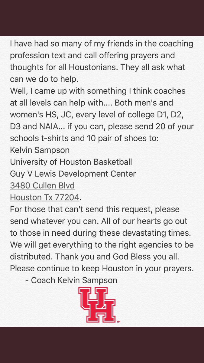 Let's help TX in their time of tragedy! Spread the word. They will be collected by Tillie and can be left in the HS office till friday!