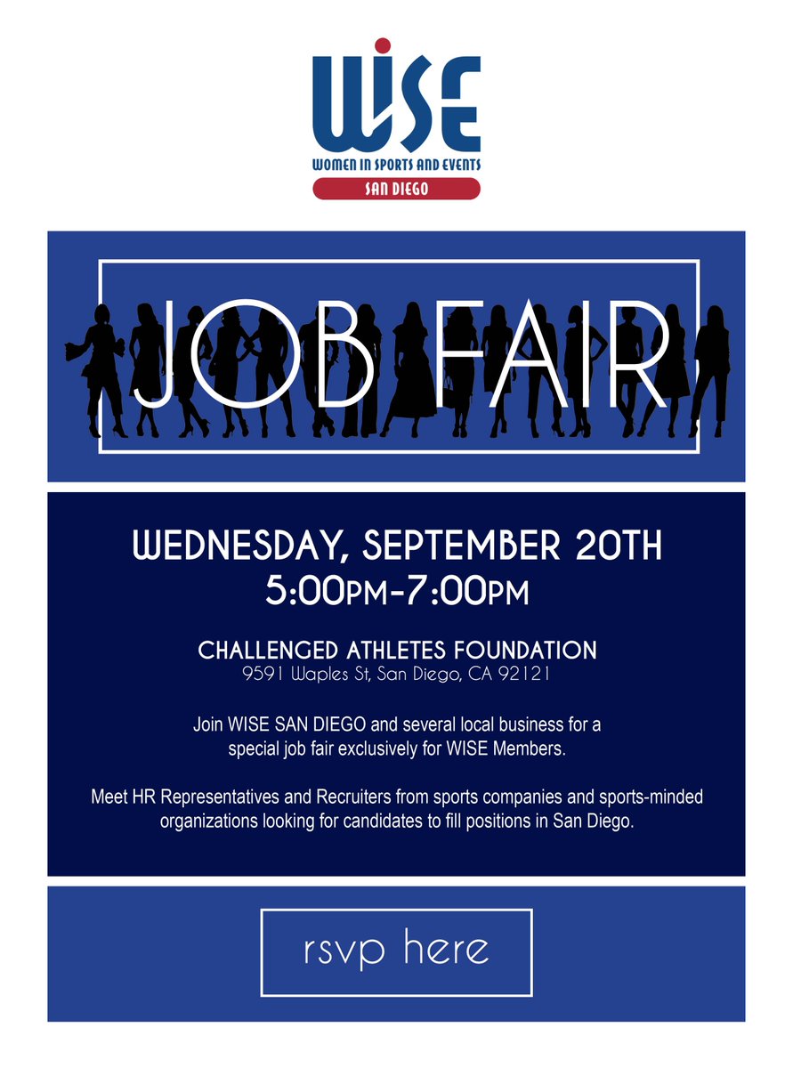 WISESanDiego's tweet photo. Calling all WISE Members! Meet local sports companies and sports-minded organizations at our upcoming JOB FAIR!---> https://t.co/t19ZyRolw1 https://t.co/2ZYl3x9kVT