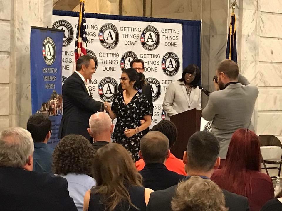 SidebySideNews's tweet photo. We received the Governor's Service Award! Founding Member Salma Geneidy met with Gov. Bevin today to accept this honor! https://t.co/yBcvhf3P1v