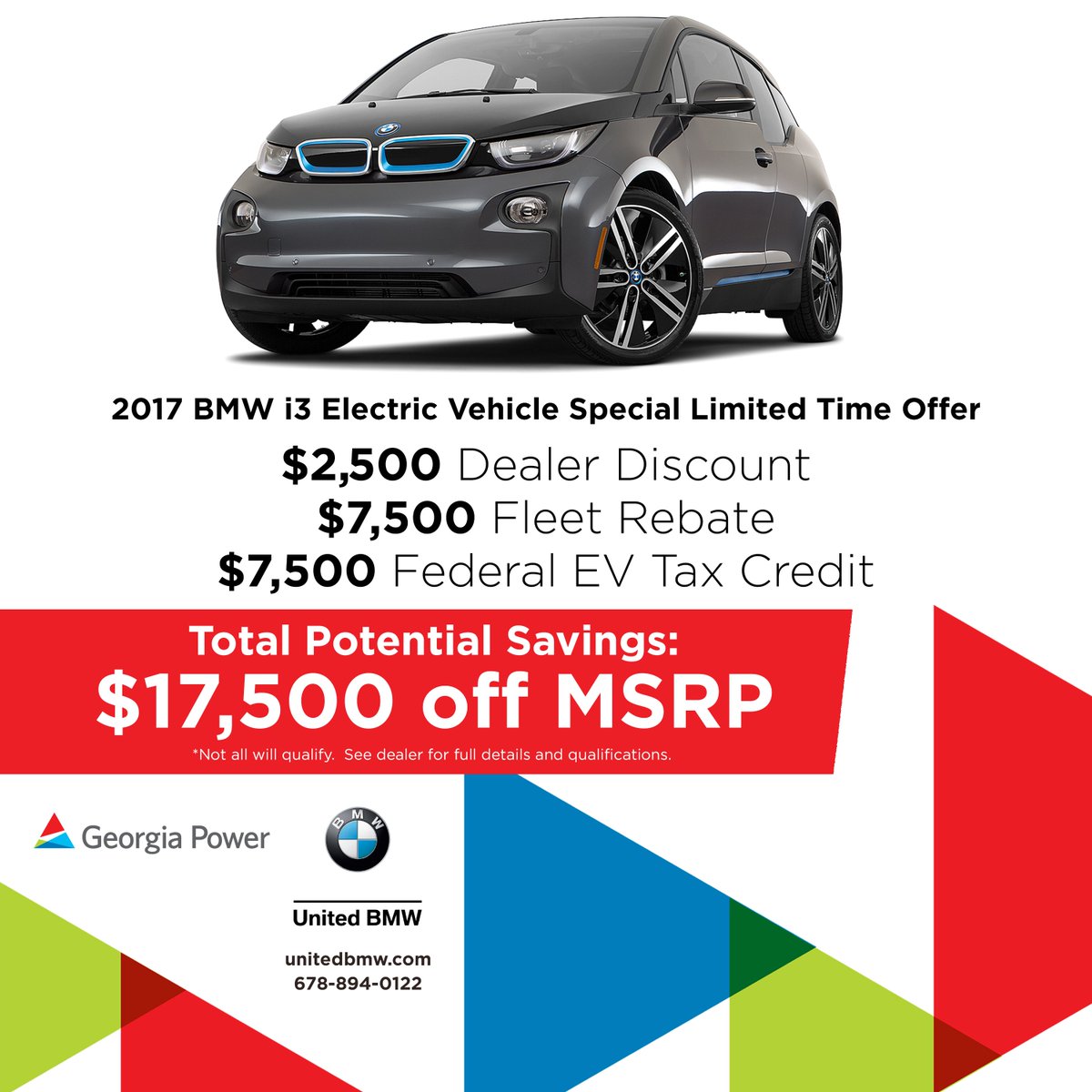 georgiapowerET's tweet photo. Special offer at @UnitedBMW! Qualified buyers can receive up to $17,500 off on a 2017 #BMW i3! Call (678) 894-0122 for more info. #EV https://t.co/PpvwywuhgK