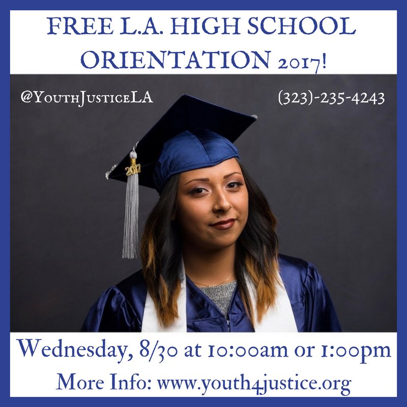 YouthJusticeLA's tweet photo. Earn Your High School Diploma: Attend Orientation to FREE LA High YJC @YBCharter! WED. 8/30 at either 10AM or 1PM. https://t.co/oGUa6d1Pxq https://t.co/eSXo0kPl9m