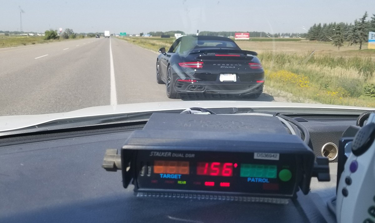 rcmpmb's tweet photo. 62yo in a new Porsche 911 going 156 in a 110 near Portage realized too late she was about to pass a #rcmpmb cruiser. Fined $652. #noexcuses https://t.co/aLhaGzeXmb