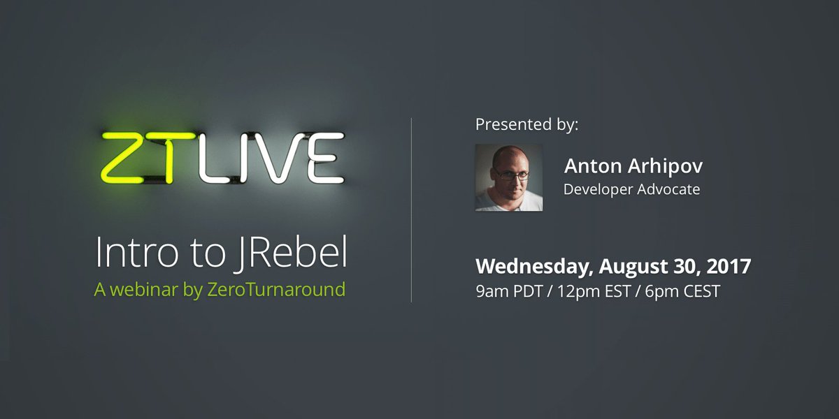 JRebel_Java's tweet photo. Don't miss tomorrow's #ZTLive webinar: Intro to JRebel. If you have questions, @antonarhipov has answers! 😎 https://t.co/R9gnkKFfi8 https://t.co/w1ShEyfHUy
