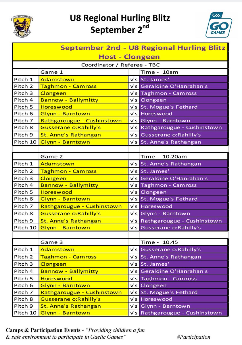 OfficialWexGAA's tweet photo. We are delighted that four different clubs are hosting this weekends blitzes. @Clonard_Gaa @OulartB #HWHBunclody #Clongeen https://t.co/ifgT3Q2cNq