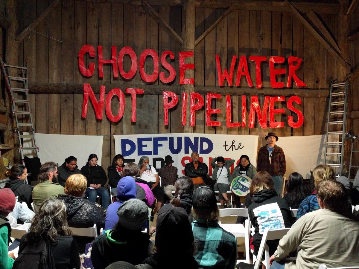 MaryJLovell's tweet photo. Choose water, not pipelines: defund the tar sands. All indigenous panel facilitated by #ip3action at #OilFreeSalishSea #stopkm https://t.co/fyiZXhVYQr