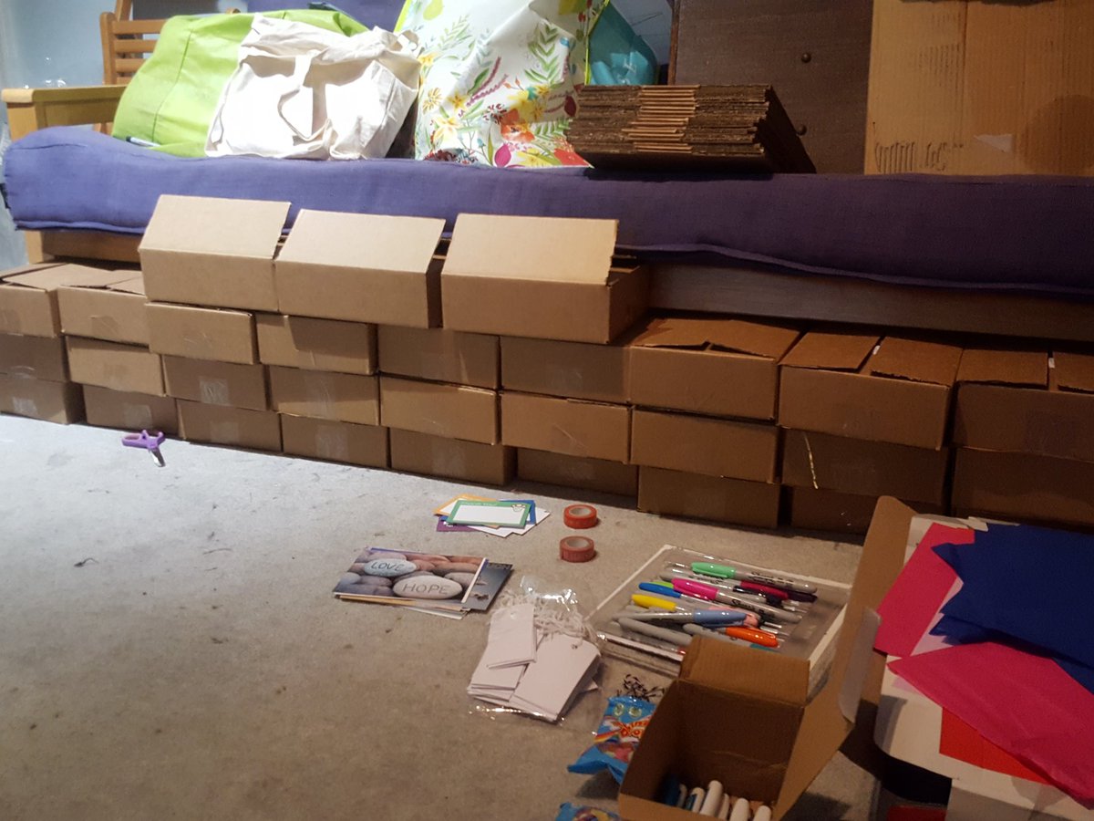 MrsHumanities's tweet photo. That's all the @crowdfunderuk #SurpriseSeptember boxes made. I knew the futon was useful for other things. Wedding stuff on top, boxes below https://t.co/LV5pgGlv17