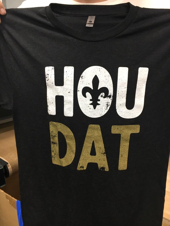 Printing has begun and the first round of tees will start shipping tomorrow! #houdat #houstonstrong #nolaloveshouston