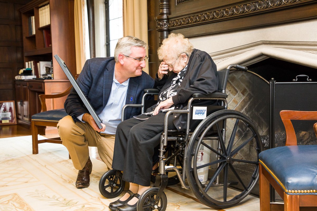 CulverAcademies's tweet photo. Mrs. Davis got a surprise visit from @GovHolcomb today when she received the Sagamore of the Wabash award. Happy 100th B-Day Mrs. Davis! https://t.co/kcLBjxknsn