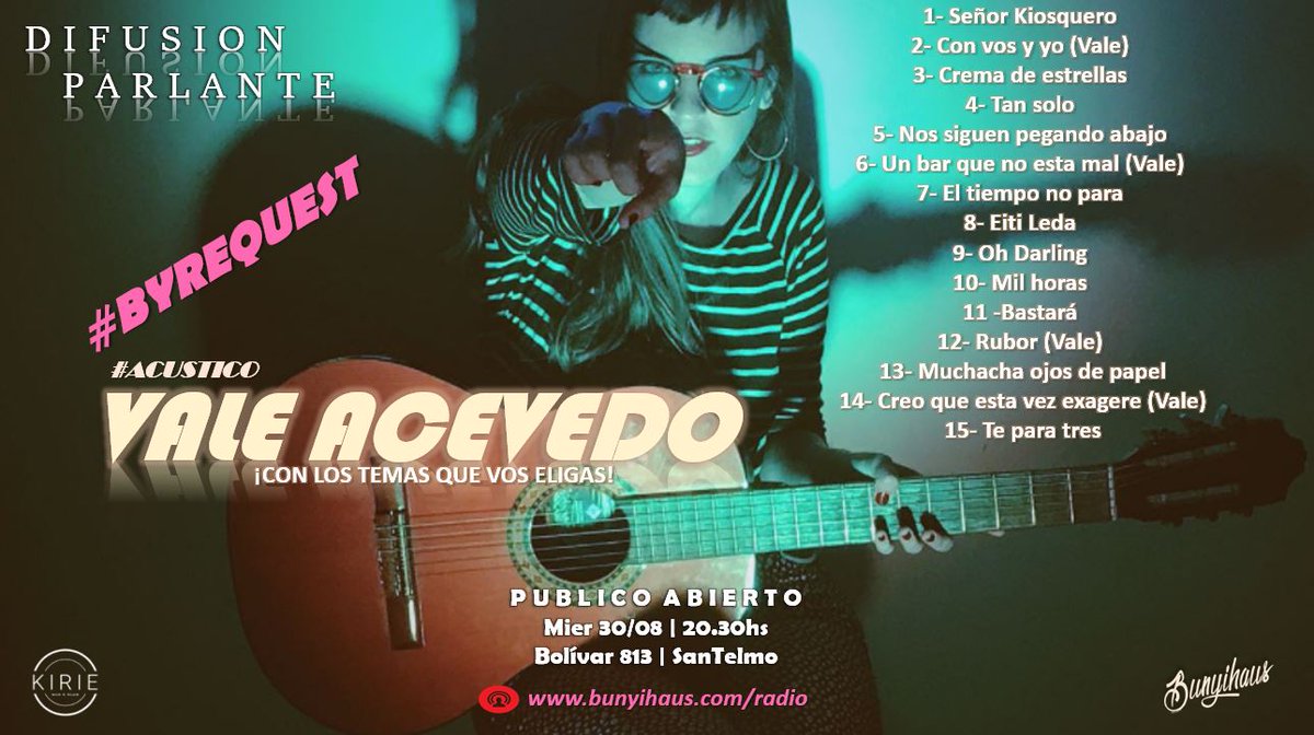🎙️Mañana #ByRequest de <a href="/ValeAcevedoo/">✦ VΛLΣ ΛCΣVΣDO ✦</a> 🎶
Jueves: #SetAcustico con <a href="/Intra_musica/">INTRA</a> y <a href="/MatiasParisiOK/">Matias Parisi</a> 🎚️
📻bunyihaus.com/radio <a href="/kirieclub/">kirie Music Club</a>