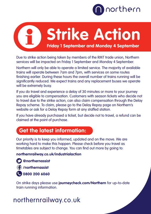 northernassist's tweet photo. ⚠ Industrial action planned on 1 &amp; 4 September will affect our services. Please check before you travel https://t.co/CqAL3ZKZ4h ⚠ https://t.co/Tt3jmIrDxv