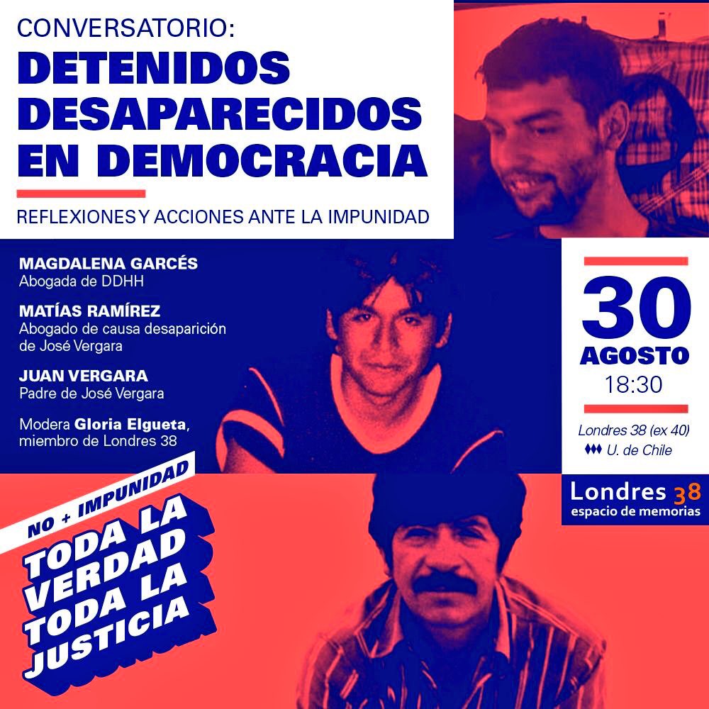 ClaudiaHasbunF's tweet photo. En democracia también hay detenidos desaparecidos. Conservatorio para reflexionar sobre la impunidad. 30 de agosto - 18:30hrs - Londres 38. https://t.co/CNsCMopLqY
