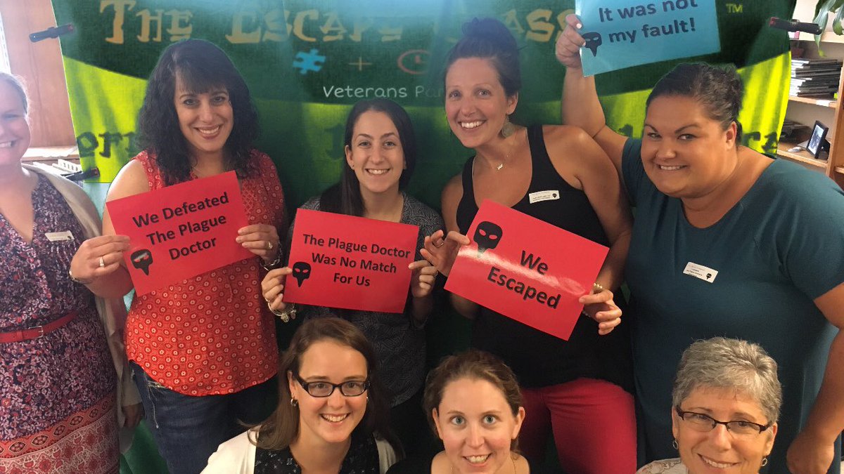 VetsParkElem's tweet photo. Teachers take on the Plague Doctor in our very own Escape Room PD! #escaperoom #vetsparkpride #teamwork https://t.co/yYN88n28GX