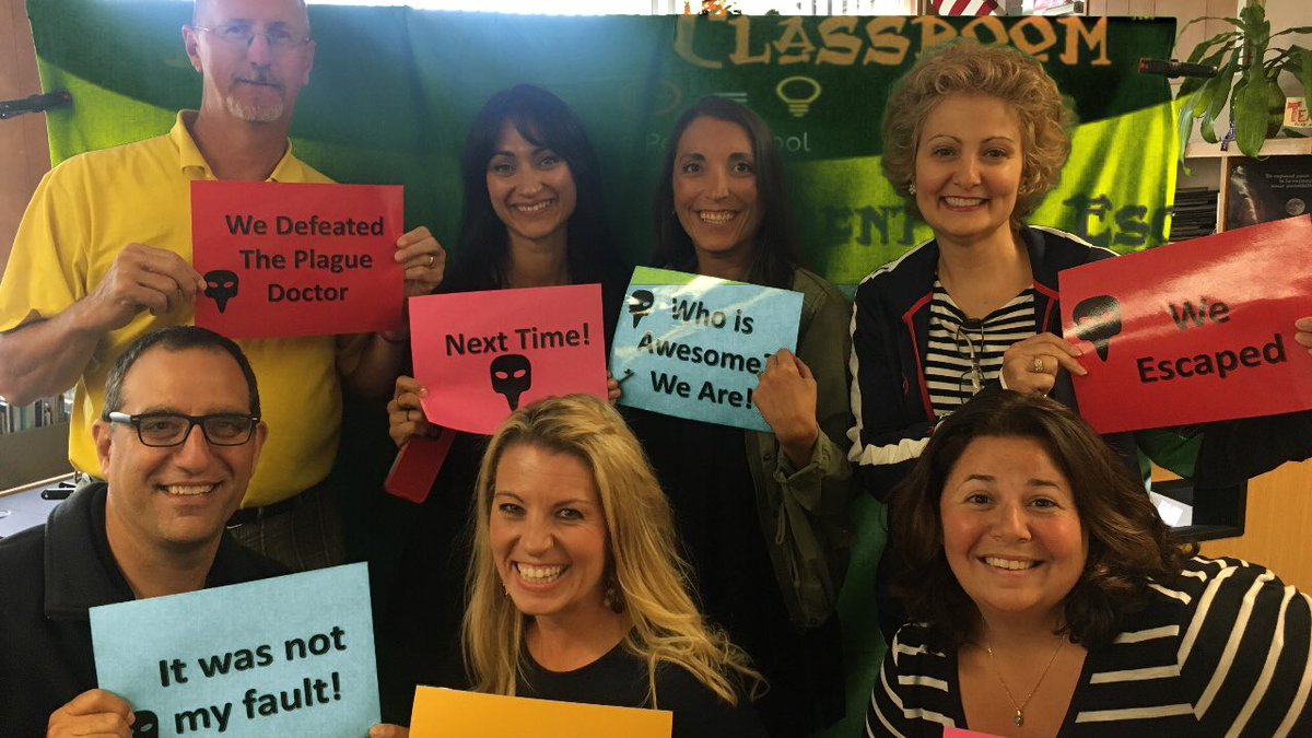 VetsParkElem's tweet photo. Teachers take on the Plague Doctor in our very own Escape Room PD! #escaperoom #vetsparkpride #teamwork https://t.co/yYN88n28GX