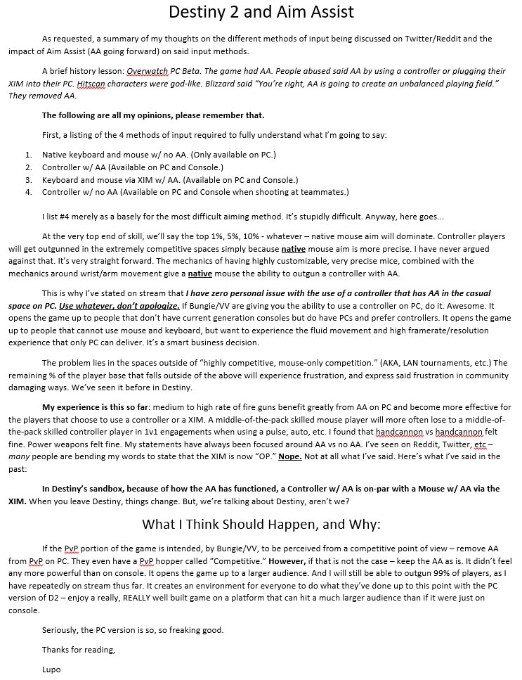 DrLupo's tweet image. Destiny 2 and Aim Assist - please retweet for visibility. Thanks.