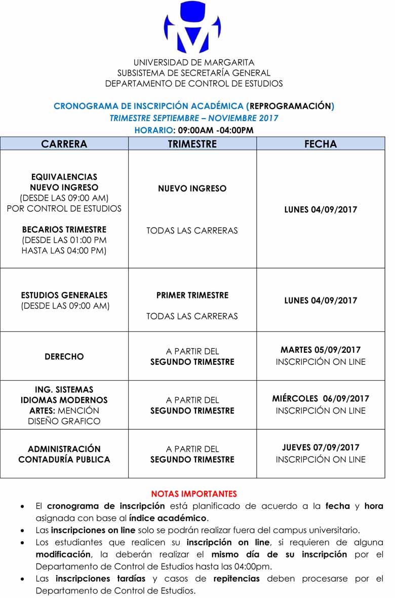 SoyUNIMAR's tweet photo. 2/3 Estudiantes de Trimestre: 
Sus inscripciones comienzan el lunes 04 de septiembre para el periodo Septiembre-Noviembre 2017 https://t.co/SYfhcCtdTz