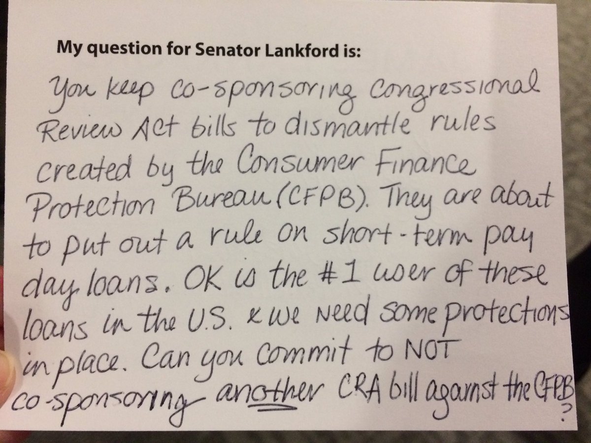 voiceokc's tweet photo. VOICE is @SenatorLankford's town hall to ask him to #DefendCFPB &amp; not sponsor any CRA's against the payday lending rule. #StopTheDebtTrap https://t.co/2nc0zQrRzP