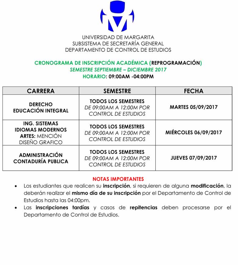 SoyUNIMAR's tweet photo. 3/3 Estudiantes de Semestre: Estas inscripciones académicas periodo Semestral Septiembre-Diciembre 2017 inician el martes 05 de septiembre. https://t.co/dhoaJZTrth