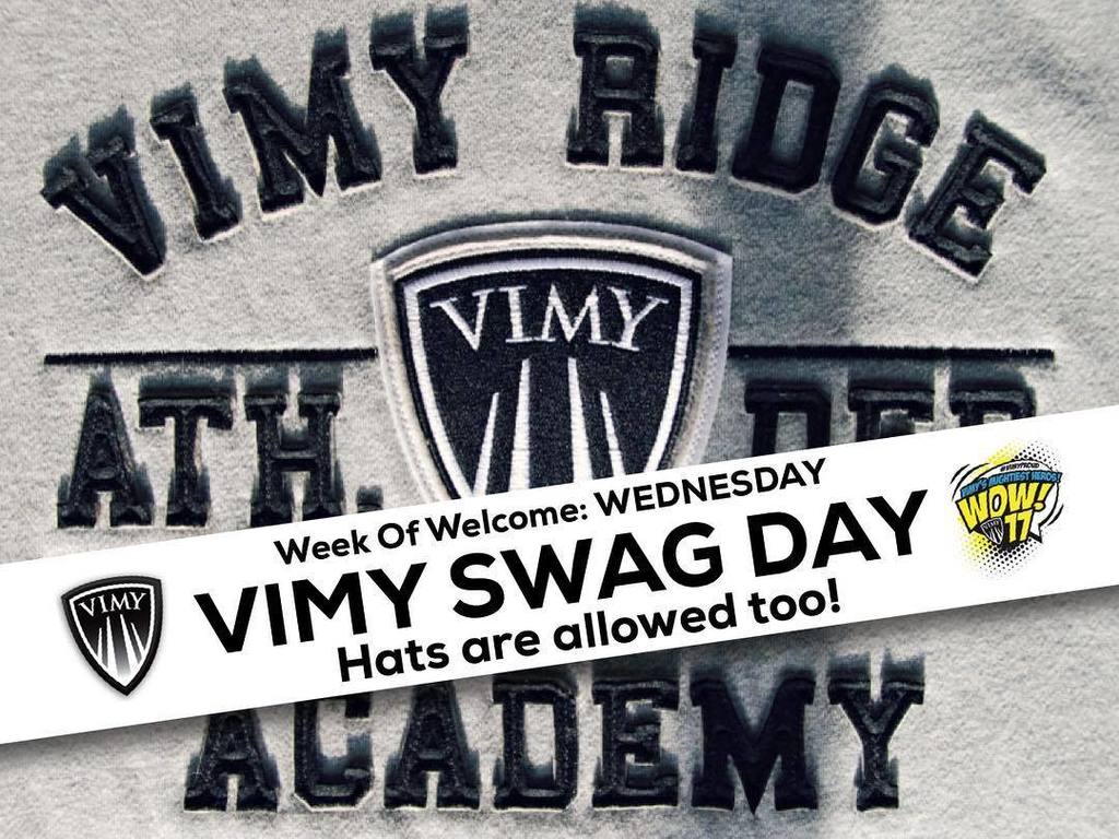 VimyAcademy's tweet photo. Wednesday is the #VimyWow swag day! Wear as much vimy gear as you can!! Hats too! #vimyproud #co https://t.co/66ccx0v3Q5