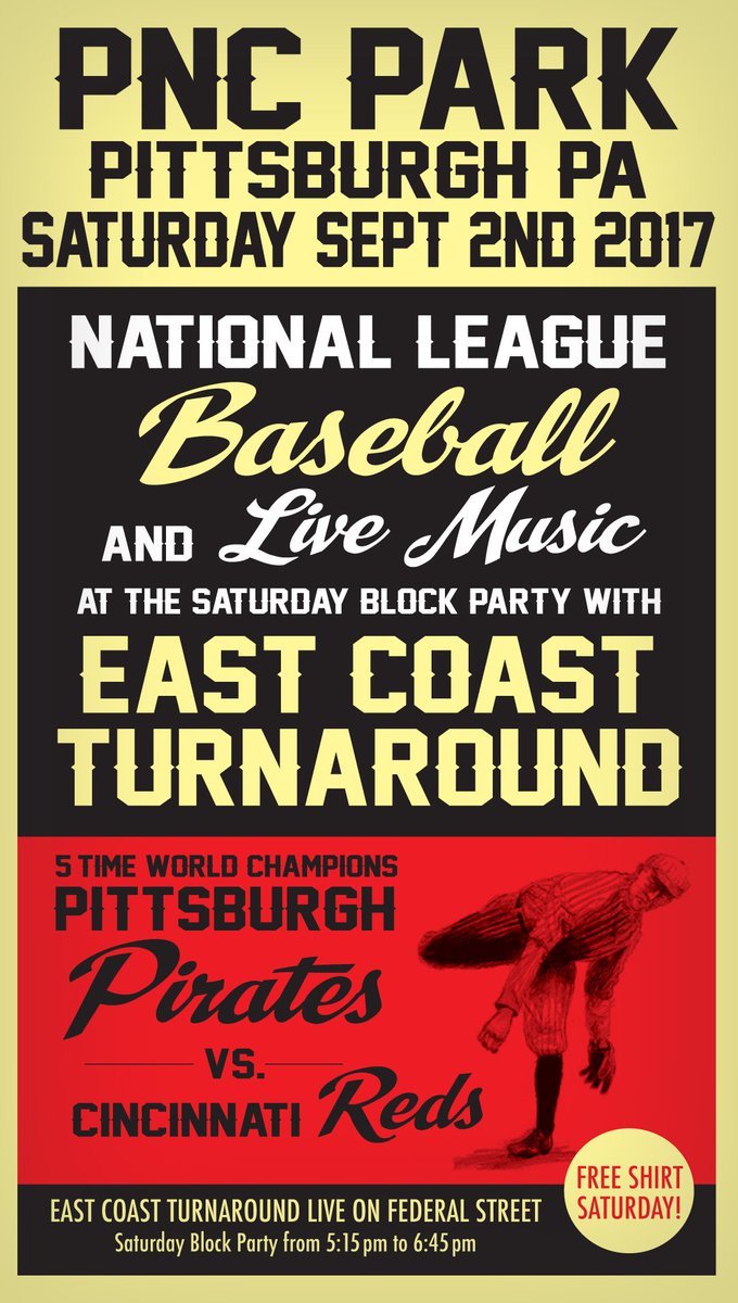 ectband's tweet photo. Saturday Sept 2 see us outside #PNCPark for the #SaturdayBlockParty before the @Pirates-@Reds game. We play 5:15 to 6:45 pm. #Pittsburgh https://t.co/AXApUA8HkR