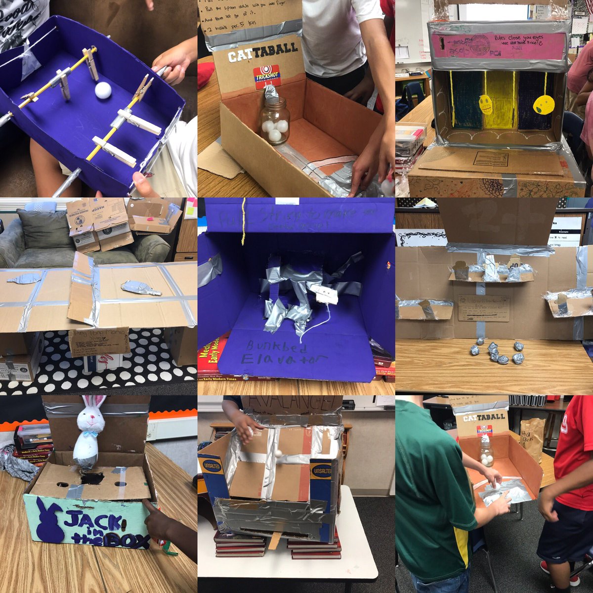 cobb7_cobb's tweet photo. Multimedia Elective Carboard Challenge! Students used cardboard and other things to make games or inventions in class. @MrKooymanEIS https://t.co/kOhL84qP2E