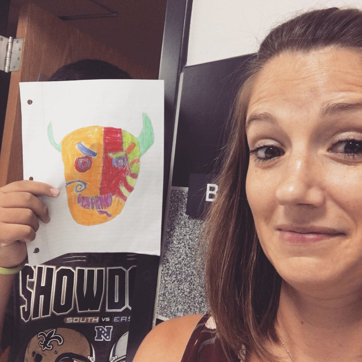 ISMSRankin's tweet photo. Had a student draw a mask today to try and scare me... it worked! This right here is why I love my job! 💕 #easilystartled https://t.co/5n6zp9UrSY