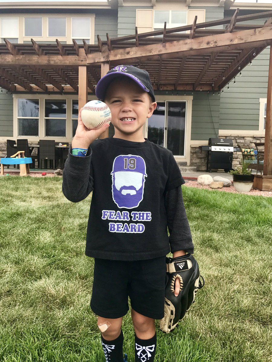 kiramullis's tweet photo. Thank you, @Chuck_Nazty for tossing my son a ball last night! He hasn't let it go yet. #favoriteplayer #fearthebeard #coloradorockies https://t.co/1x2tbRuZ4i