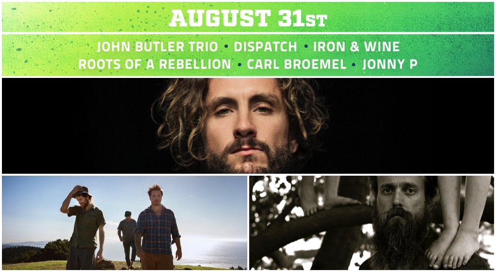 LiveOnTheGreen's tweet photo. RT if you're getting pumped for our Thursday night lineup: @JohnButlerTrio @dispatchmusic @IronAndWine @ROARMUSIC @carlbroemel @Im_JonnyP! https://t.co/tiqGTHL79W