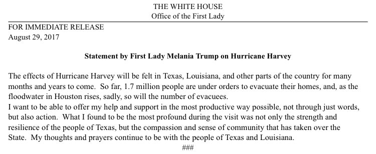 Scavino45's tweet photo. Statement by @FLOTUS Melania Trump on Hurricane Harvey: https://t.co/dKo3aMJfx4