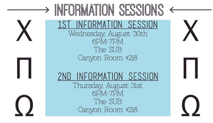 ChiPiOmega's tweet photo. REMINDER: The 1st step to #RushChiPi starts tomorrow & Thursday! Be sure to attend 1 of the 2 information sessions to qualify to #RushChiPi https://t.co/47iIXH0CJ2