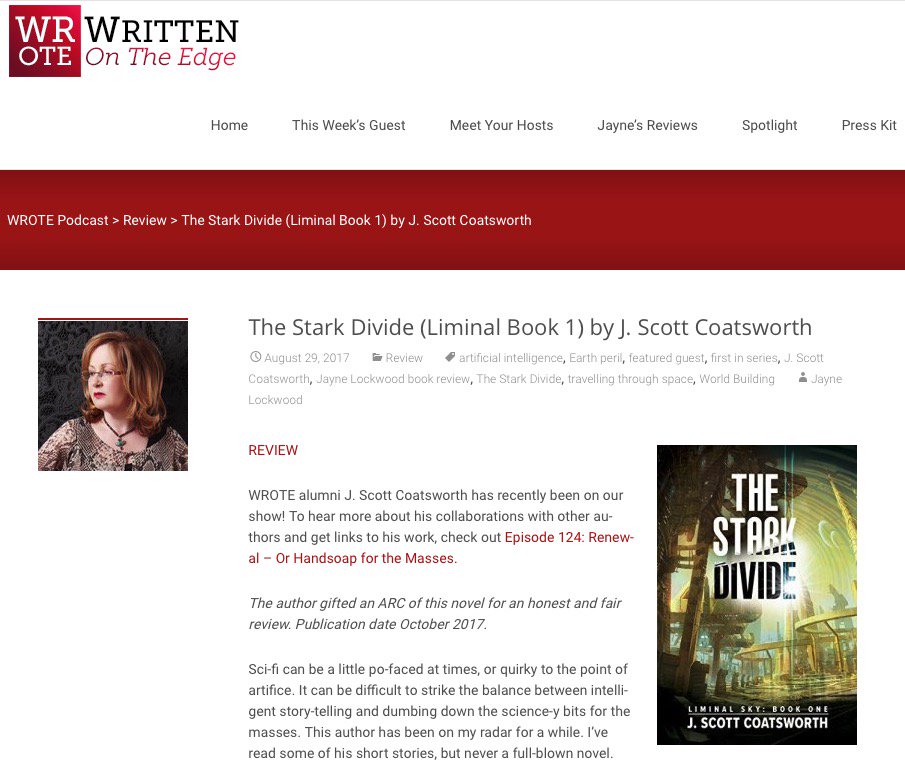 jscoatsworth's tweet photo. Just got an amazing advance review of The Stark Divide from @ladyjAuthor at WROTE https://t.co/GyD5Ai76gv #IAmDancing https://t.co/OC8gq3F0wt
