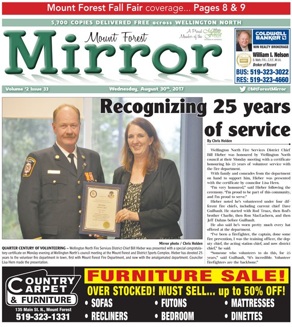 Afternoon #MountForest! Vacation's over, look for this week's <a href="/MtForestMirror/">Mount Forest Mirror</a> in mailboxes tomorrow, and stores now! #tomorrowspaperstoday