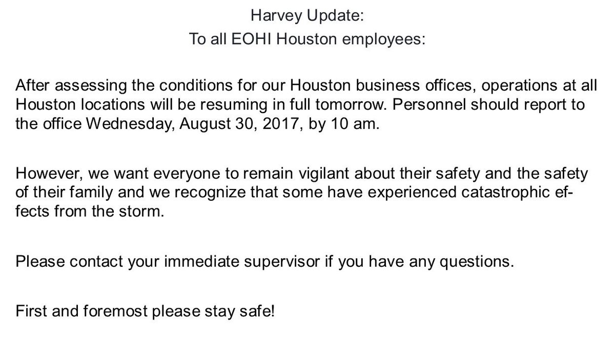 EOHI's tweet photo. Harvey Update for all EOHI Houston employees:

#EOHI #Harveyupdate https://t.co/3Ldo7i2A0T