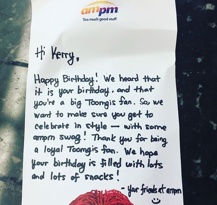 KaraRutkin's tweet photo. When you slide into @ampm's DMs to tell them it's your dad/Toomgis' biggest fan's bday and they send him swag THE NEXT DAY. TOOMGIS 4EVA!! https://t.co/txgcqkGoMV
