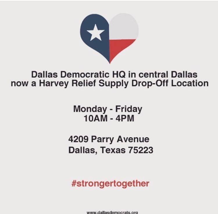 Donate and drop off #Harvey supply donations at <a href="/DallasCoDem/">Dallas County Dems</a> HQ!