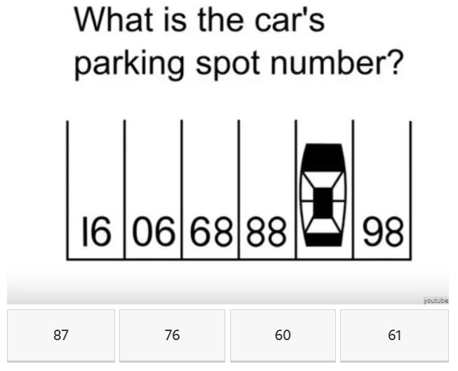 BestPacific's tweet photo. Do you have a super brain? What is the car parking spot number? A.87 B.76 C.60 D.61 Please share your answer with us. https://t.co/hD2y5SoCKB