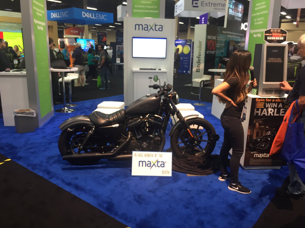scottysaves's tweet photo. Come meet the awesome team @Maxta giving away a #Harley #sportster #vmworld #maxta #HCIyourway https://t.co/ZU6mCin6zY
