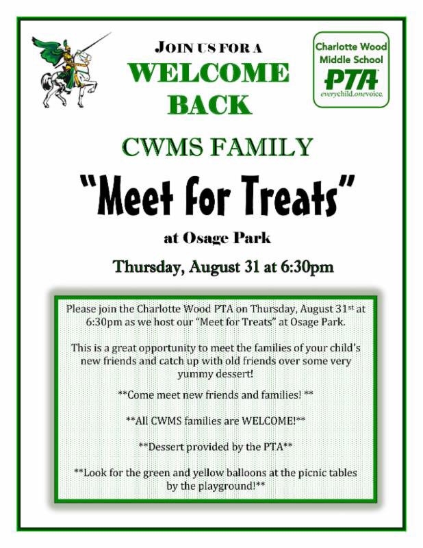 CWMS FAMILIES: Join us on 8/31 at 6:30pm for "Meet for Treats" at #OsagePark. Desserts provided by <a href="/cwmspta/">Charlotte Wood PTA</a> . Hope u can make it! <a href="/cwmsinfo/">Go Chargers!</a>