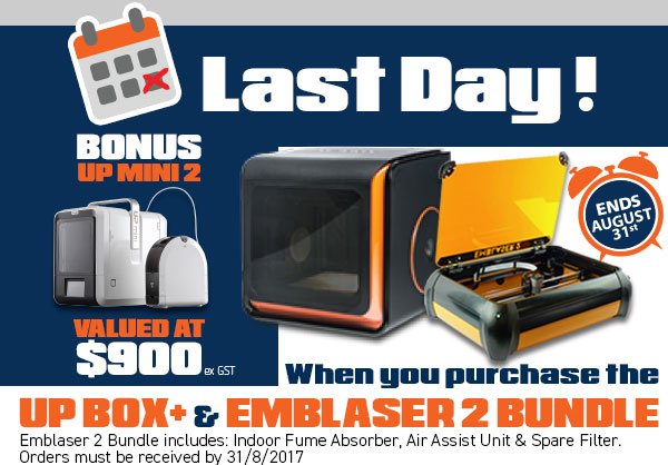 Tools4SchoolsOz's tweet photo. Just over 24 hours left to take advantage of the #STEAM Deal of the Year... #STEM #3Dprinting #emblaser2 #upbox https://t.co/hfnXgGv0rC https://t.co/pWPbOQWuYr