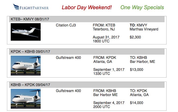 FlightPartner's tweet image. Impress your #aircharter clients with affordable one-way specials in honor of #LaborDay! #Citation from #Teterboro &amp;gt; #MarthasVineyard + more