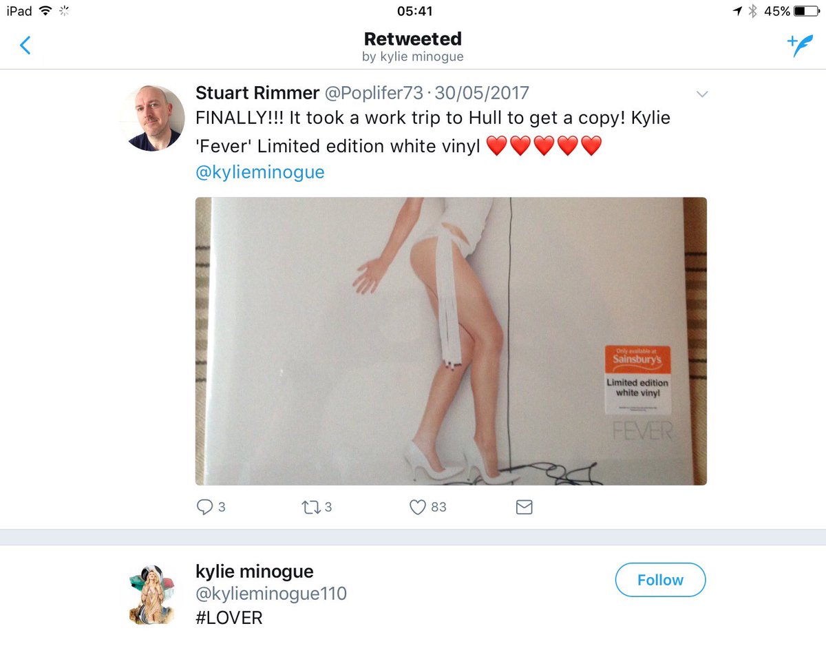 Poplifer73's tweet photo. Thank you @kylieminogue x
A lovely wake up on a Wednesday morning getting the seal of approval and a retweet ❤️
#FeverAlbum #KylieMinogue https://t.co/rYumjCzW0U