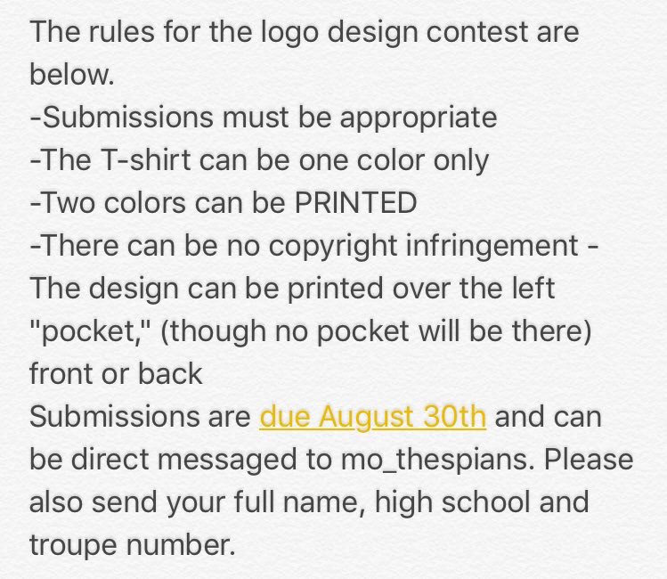Hello thespians! Aloha Leadership is approaching so get excited! Just a reminder that tomorrow is the last day to submit t-shirt designs!