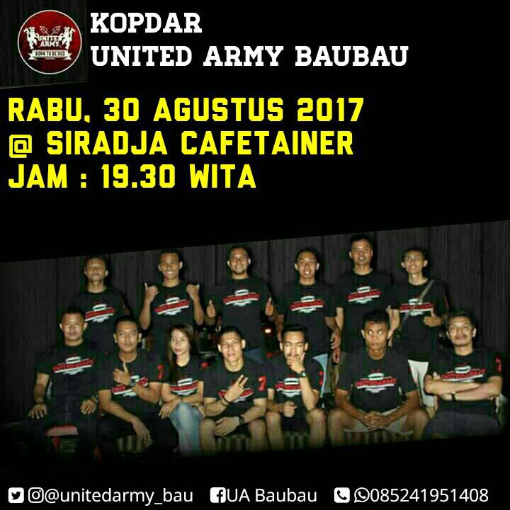 [Kopdar] <a href="/unitedarmyfc/">UNITED ARMY INDONESIA</a> Baubau
Malam ini 30 agustus 2017
@ Siradja cafetainer
Mulai 19:30 WITA-selesai.
HTM: Order

Join us. #BudayakanKopdar